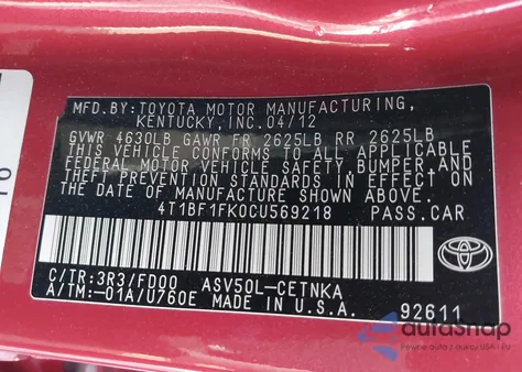 2012 Toyota Camry Le z USA, uszkodzony, nr VIN 4T1BF1FK0CU569218